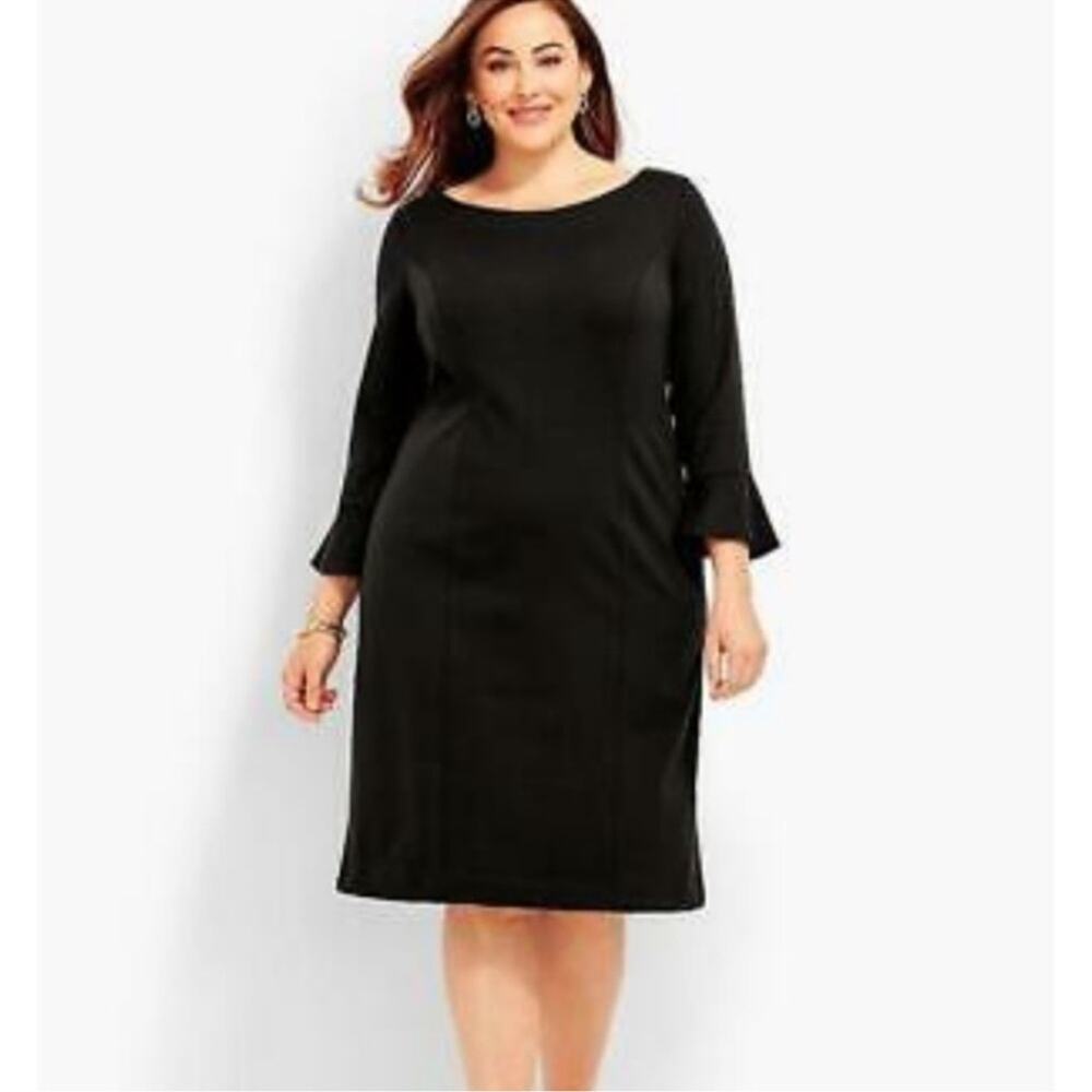 Talbots Flounce Refined Ponte Sheath Dress Bell Sleeve Fitted Black Sz 12W Event